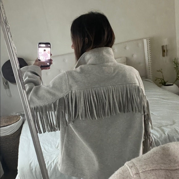 Jackets & Blazers - Fringe Detail Light Gray Women's button down jacket